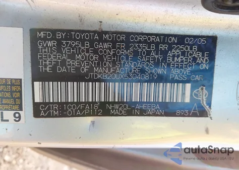 2005 Toyota Prius z USA, uszkodzony, nr VIN JTDKB20UX53040819